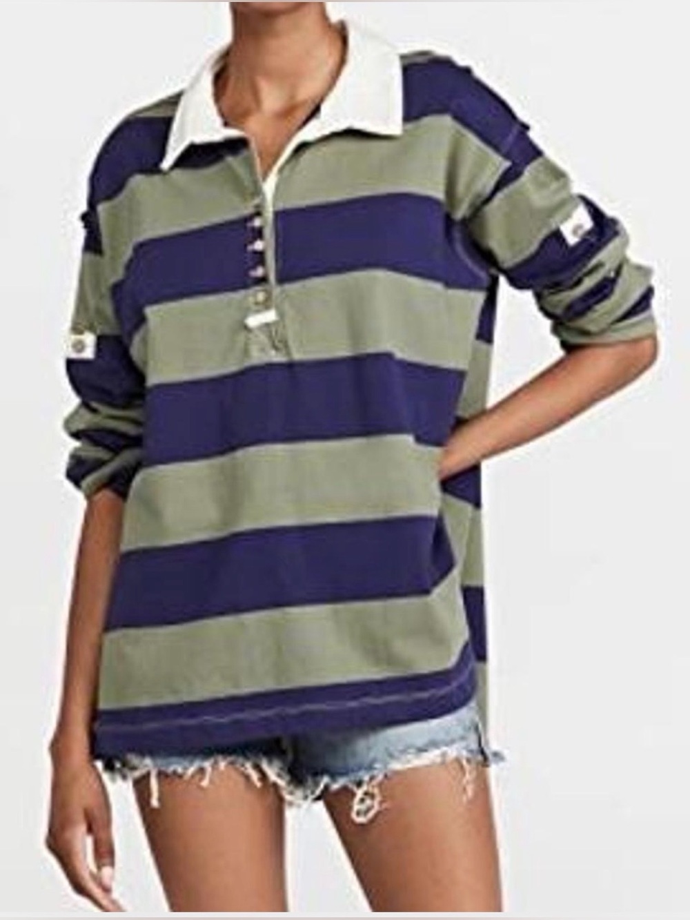 Free People We The Free Peyton Rugby Shirt Stripe Blue Green Oversized sz XS